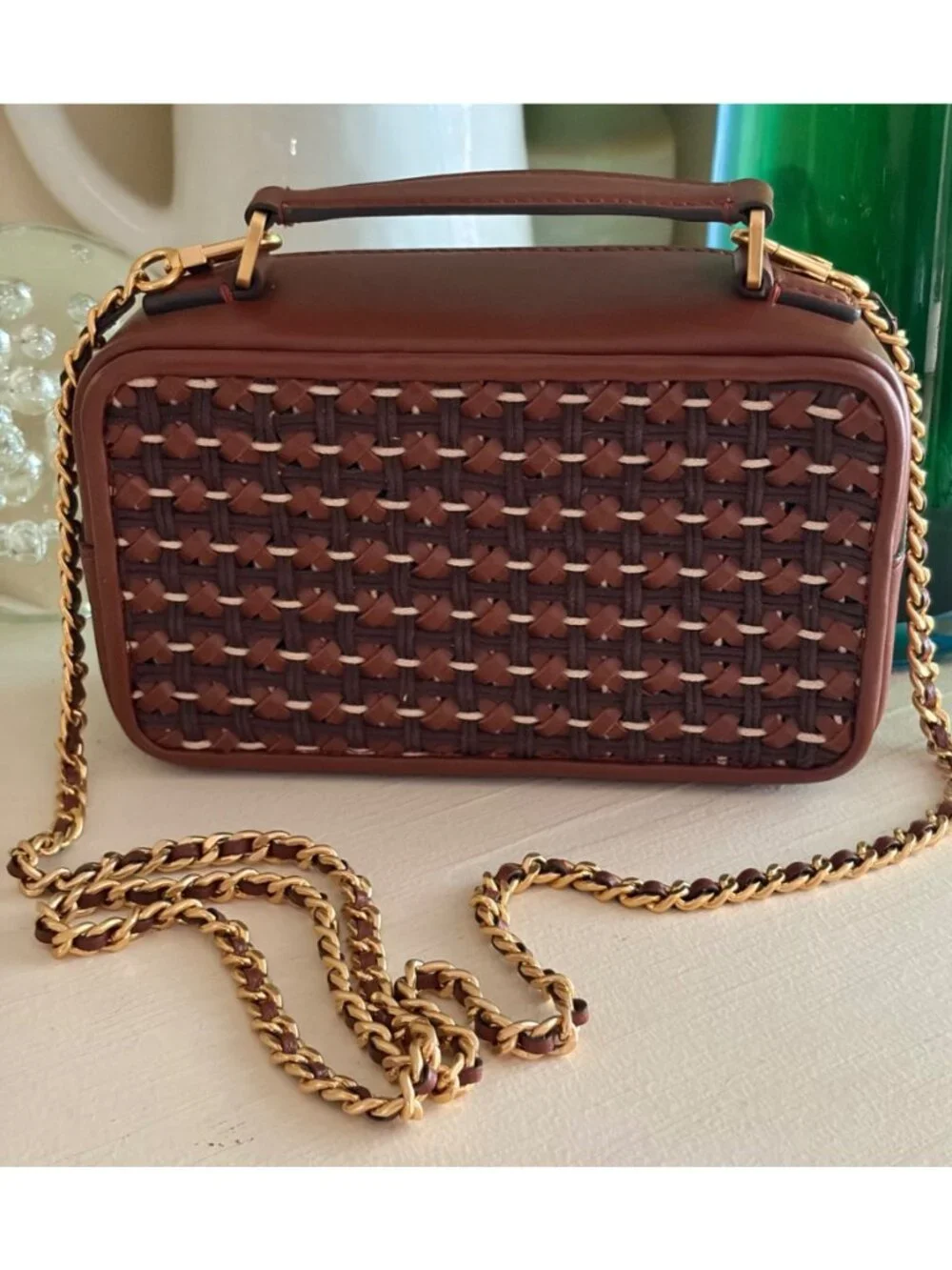 TORY BURCH Britten Woven Small Top Handle Case Bag Brown Gold Crossbody